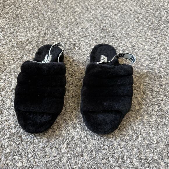 UGG Fluff Yeah Womens Size 9 Black Casual Sheepskin Platform Slide Slippers EUC - Picture 1 of 6